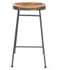 28 Inch Bar Stool with Mango Wood Saddle Seat, Iron Rod Legs, Brown and Black