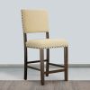 25 Inch Counter Height Chairs, Set of 2, Brown Solid Wood Frame, Beige Linen Upholstery with Nailhead Trim