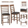 3PCS Retro Round Counter Height Drop-Leaf Table with 2 Upholstered Chairs Rubber wood Dining Table Set Pub Set with PU leather Cushion for Small Space