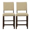 25 Inch Counter Height Chairs, Set of 2, Brown Solid Wood Frame, Beige Linen Upholstery with Nailhead Trim