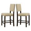 25 Inch Counter Height Chairs, Set of 2, Brown Solid Wood Frame, Beige Linen Upholstery with Nailhead Trim