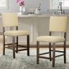 25 Inch Counter Height Chairs, Set of 2, Brown Solid Wood Frame, Beige Linen Upholstery with Nailhead Trim